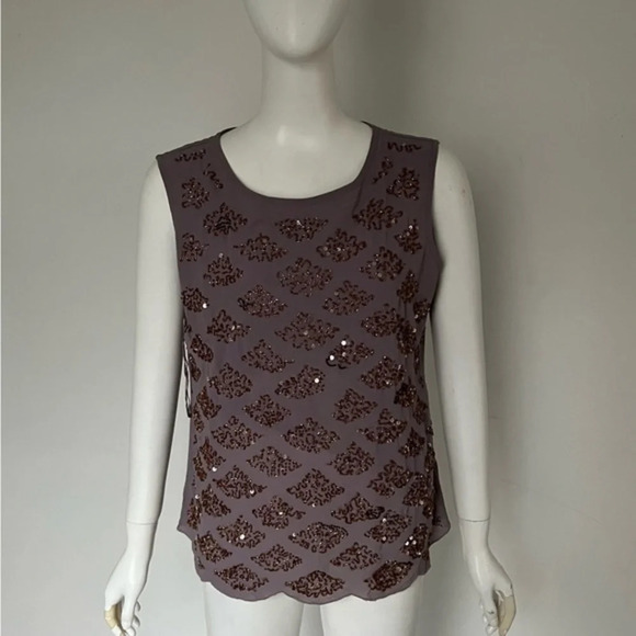 White Chocolate Women Brown Short Sleeve Sequins Blouse Size L NWT - Picture 1 of 8